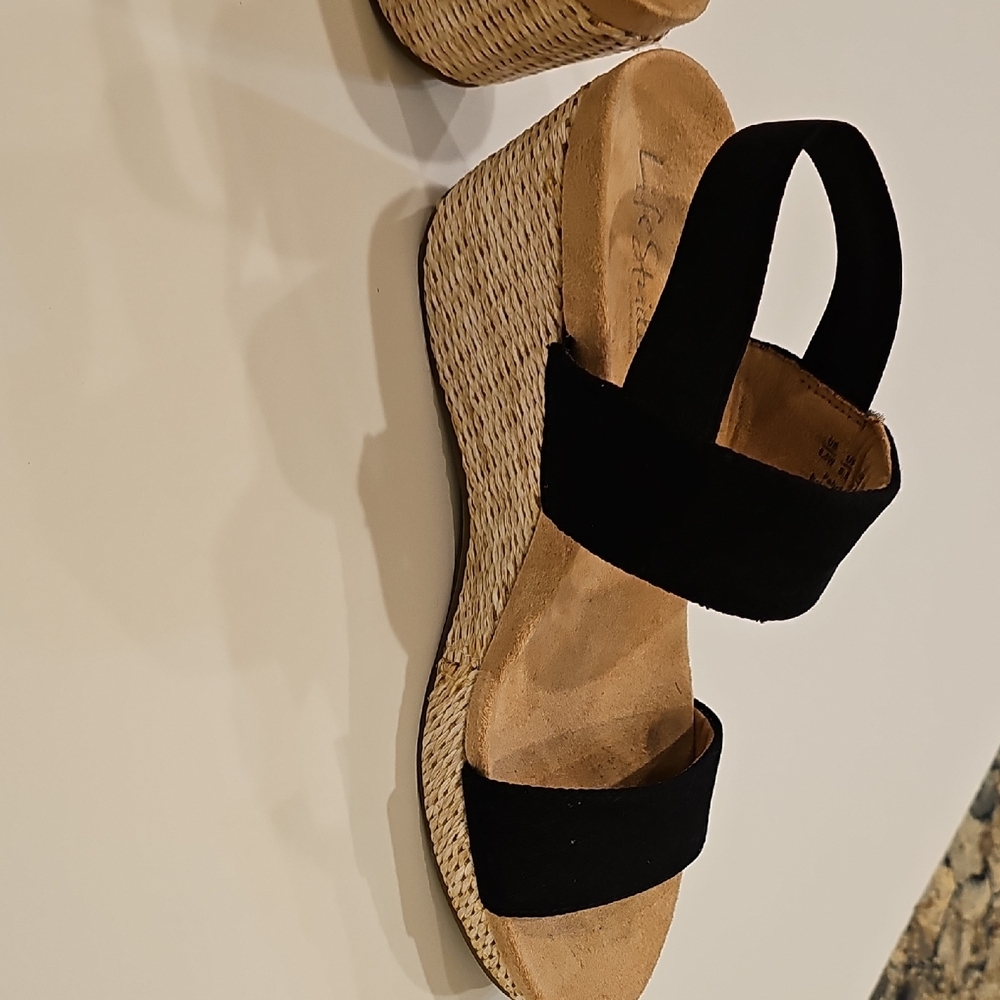 Life Stride Delra Black Elastic Strap Wedge Sandals with Tan Footbed Size 8.5 - Picture 14 of 14